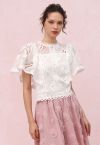 Leaves Cutwork Lace Flutter Sleeve Top in White