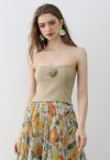 3D Rose Shirred Back Tube Top in Light Tan