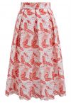 Leaf Embroidered Eyelet Pleated Midi Skirt in Red