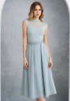 Side Pockets Pleated Belt Midi Skirt in Dusty Blue