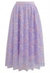 Floral Leaf Embroidered Mesh Tulle Midi Skirt in Lilac
