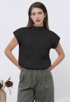 Mock Neck Padded Shoulder Cable Knit Top in Black