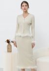 Feather Trim Button Knit Top and Midi Skirt Set in Ivory