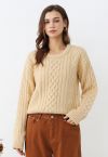 Hug-Me Cable Knit Crewneck Sweater in Light Yellow