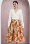 Ornate Floral Jacquard Pleated Flare Midi Skirt in Orange