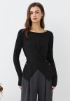 Fascinating Crisscross Buttoned Knit Top in Black