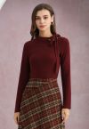 Side Bowknot Neckline Long-Sleeve Top in Burgundy