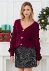 Bowknot Split Sleeve Button Down Cropped Cardigan in Berry