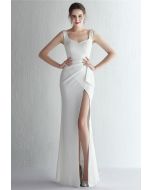Ruched Waist High Slit Gown in White