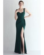 Ruched Waist High Slit Gown in Emerald