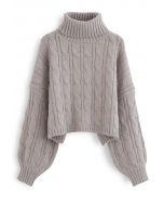 Turtleneck Braid Knit Crop Sweater in Taupe