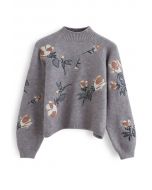 Digital Floral Print Embroidered Knit Sweater in Grey