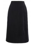 Front Split Corduroy Midi Skirt in Black