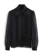 Sheer Bowknot Button Down Shirt in Black