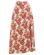 Red Floral Print Ruched Side Slit Skirt
