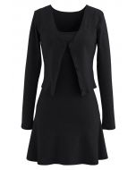 Cotton Blend V-Neck Button Twinset Dress in Black