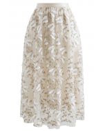 3D Butterfly Embroidered Double Layered Tulle Skirt in Cream