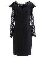 Lace Sleeves Bodycon Midi Dress in Black