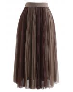 Brown Double Layered Pleated Tulle Mesh Skirt