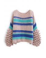 Pom-Pom Sleeve Hand-Knit Chunky Sweater