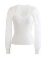 Spliced Bubble Sleeve Knit Top in White