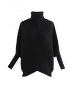 Turtleneck Batwing Sleeve Asymmetric Knit Sweater in Black
