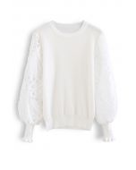 Scalloped Crochet Puff Sleeve Knit Top in White