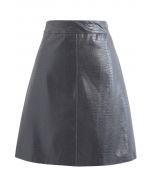Crocodile Print Faux Leather Skirt in Grey