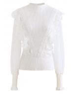 Scalloped Crochet Mesh Sleeves Knit Top in White