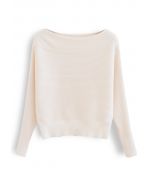 Boat Neck Long Sleeve Rib Knit Top in White
