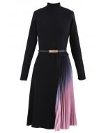 Gradient Pleated Splicing Belted Knit Dress in Black