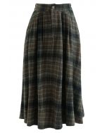 Soft Check Side Pocket Midi Skirt in Moss Green