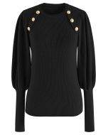 Bubble Sleeves Button Trimmed Knit Top in Black