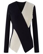 Two-Tone Crisscross Ribbed Sweater in Black