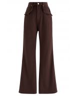 Classic Pocket Frayed Detail Flare Jeans in Brown