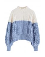 Two-Tone Diamond Braided Knit Sweater in Blue