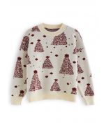 Christmas Tree Pattern Jacquard Knit Sweater in Cream