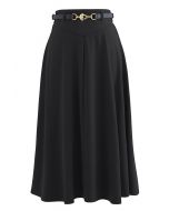 Metallic Buckle Belt A-Line Midi Skirt in Black