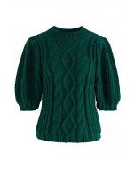 Bubble Sleeve Braided Ribbed Sweater in Dark Green