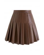 Faux Leather Pleated Flare Mini Skirt in Brown