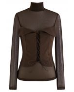 Fake Two-Piece Lace-Up Top in Brown