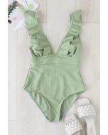 Deep-V Lace-Up Ruffle Swimsuit in Mint