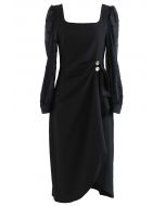 Buttoned Ruched Waist Flap Asymmetric Midi Dress in Black