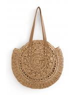 Round Woven Straw Shoulder Bag in Tan