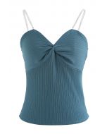 Twisted Front Pearly Straps Crop Tank Top in Blue