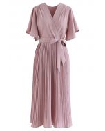 Faux Wrap Tie Waist Pleated Midi Dress in Dusty Pink