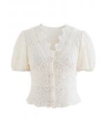 Full Delicate Embroidery Buttoned Mesh Top in Cream