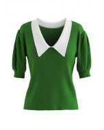 Contrast Pointed Collar Short Sleeve Knit Top in Green