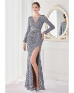 Side Slit Mesh V-Neck Sequined Gown in Grey