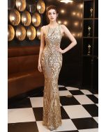 Open Back Flower Lattice Sequined Gown in Gold